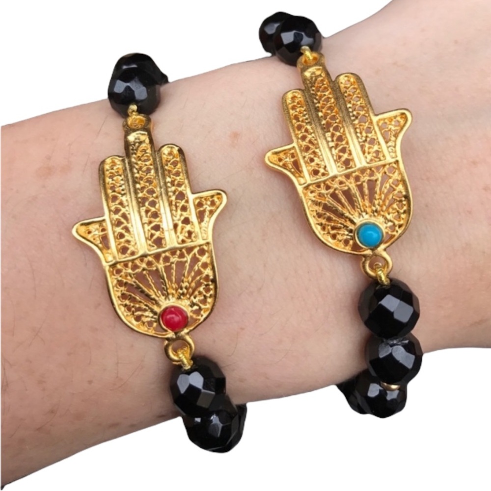 Hamsa black beaded stretch bracelet